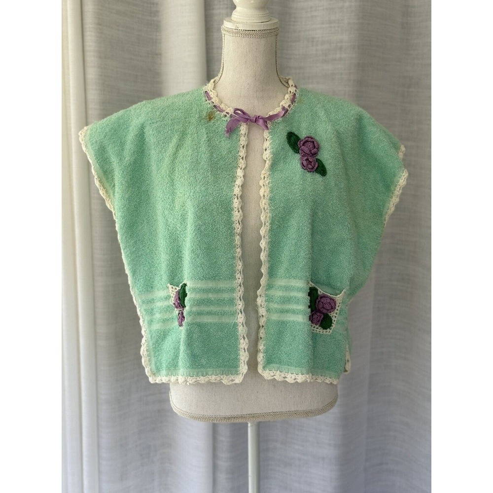 Aqua Green Terry Towel Crop Vest Bath Cover Mid- Century Crochet Violet Flowers